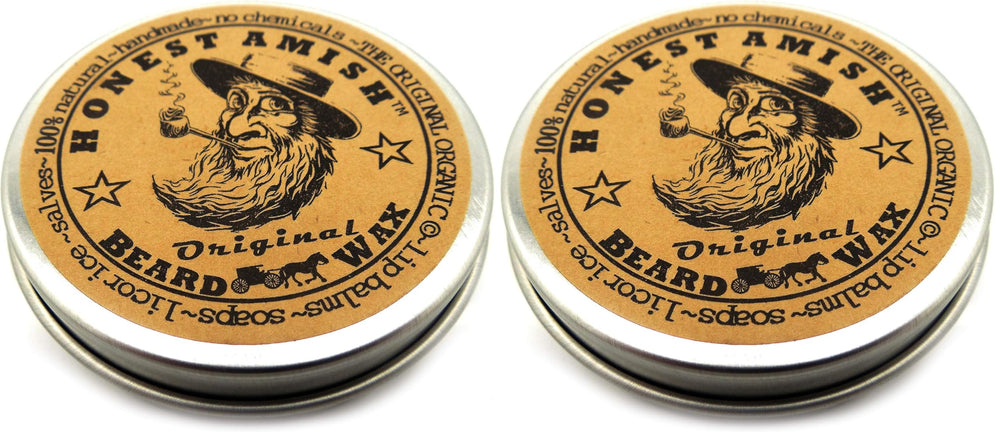 Honest Amish Original Beard Wax pack front showing a two-tin set for easy grooming