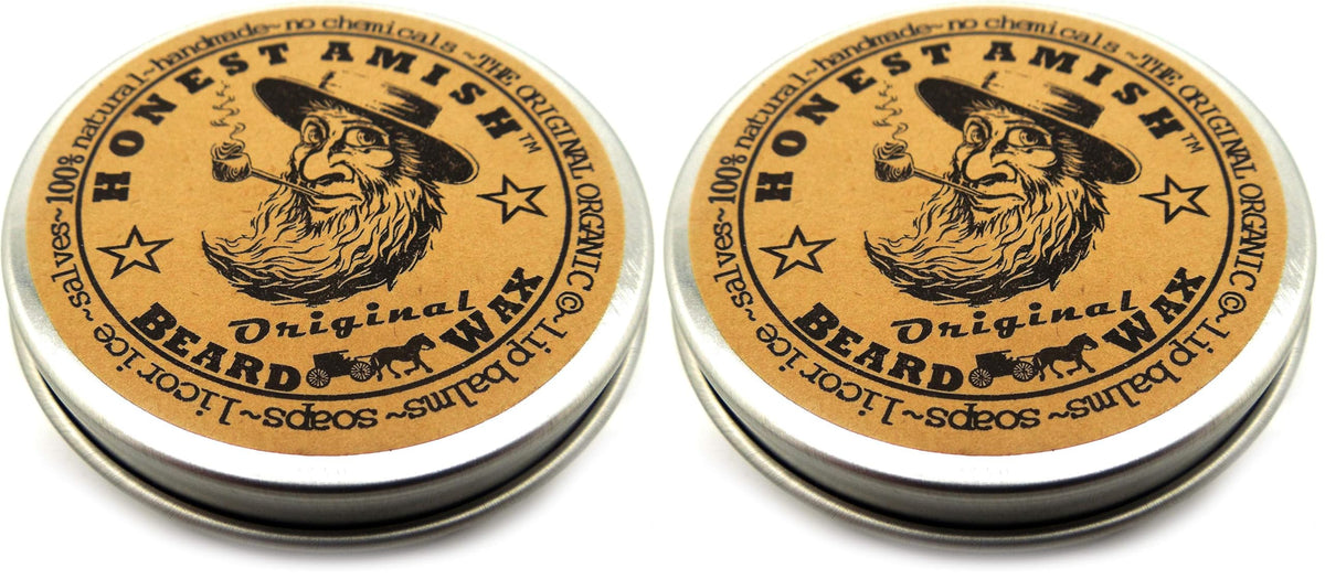 Honest Amish Original Beard Wax pack front showing a two-tin set for easy grooming