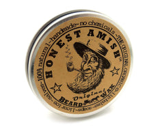 Honest Amish Original Beard Wax tin closeup highlighting natural ingredients