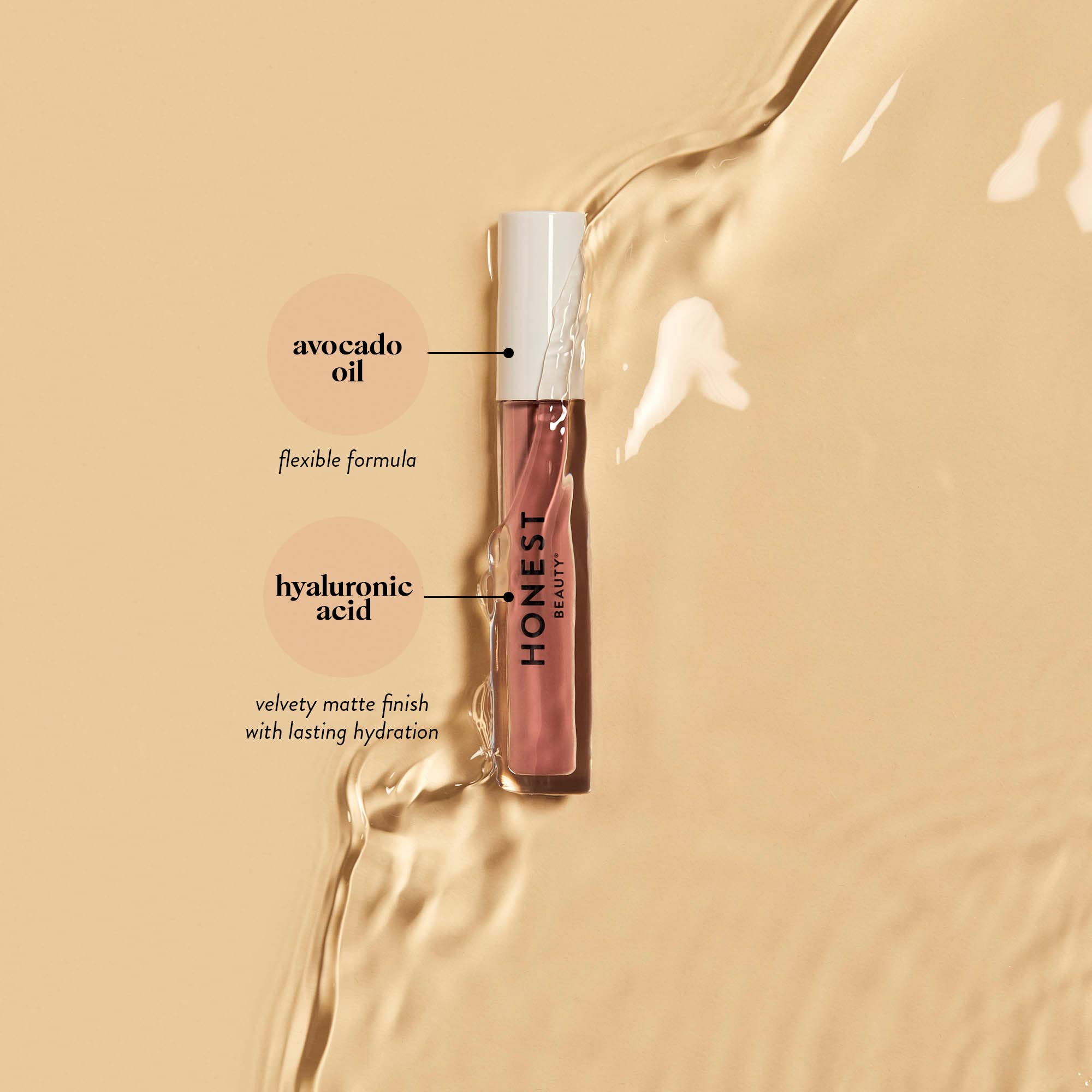 Honest Beauty Hydrating Liquid Lipstick wear test indicating up to 6 hours of color.