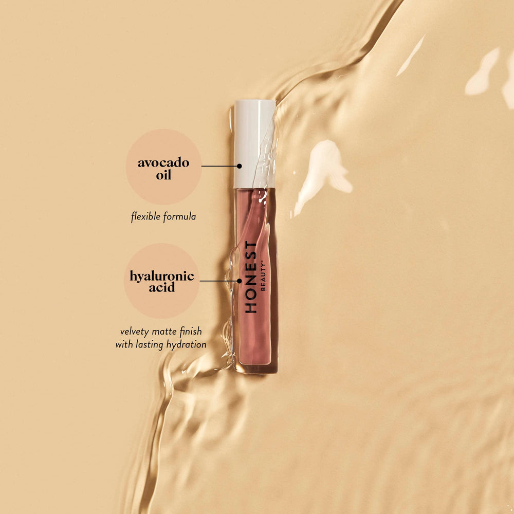 Honest Beauty Hydrating Liquid Lipstick wear test indicating up to 6 hours of color.