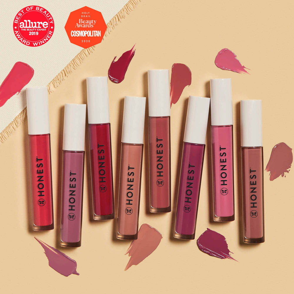 Honest Beauty Hydrating Liquid Lipstick matte finish close-up on lips.