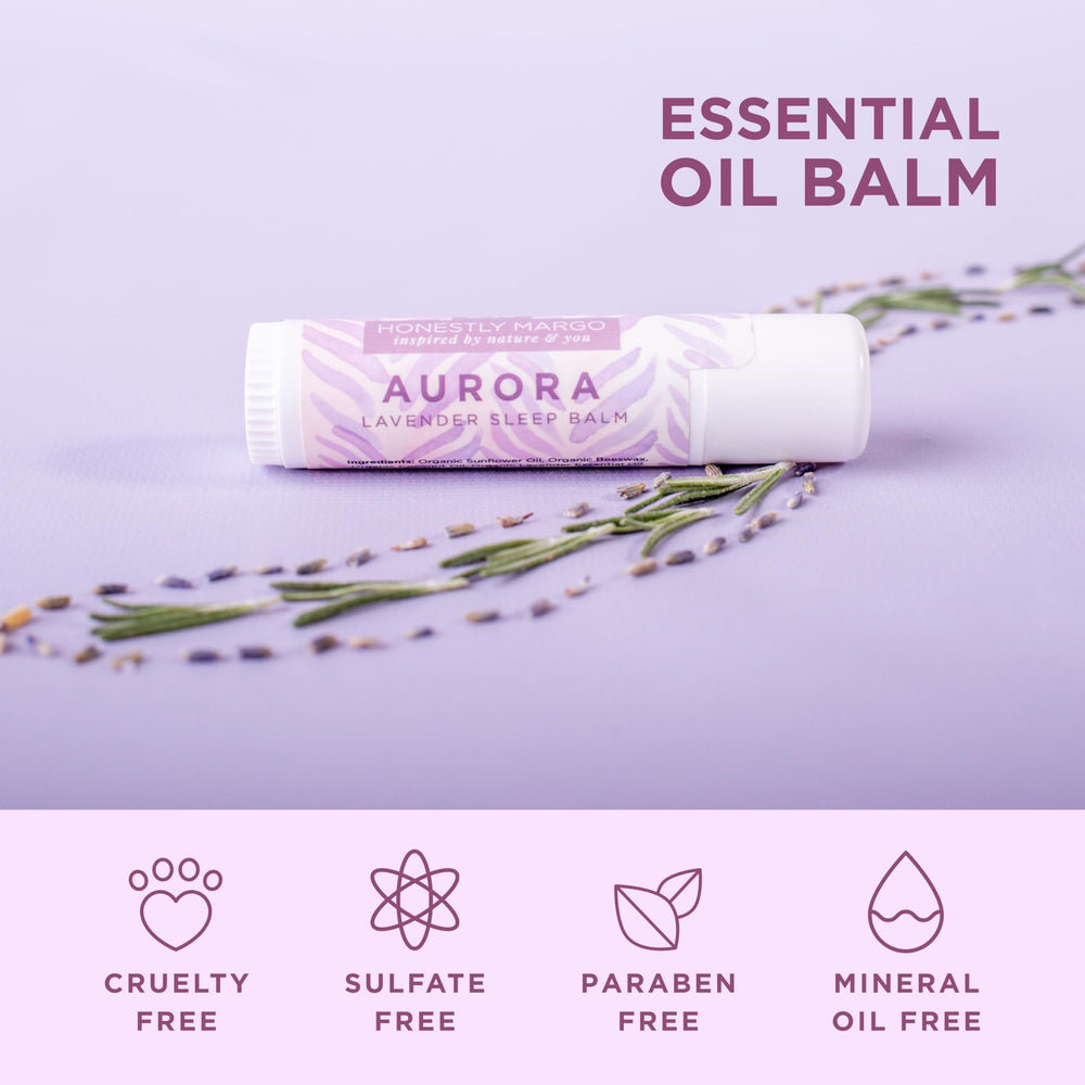Honestly Margo Lavender Aurora balm stick shown in a travel-friendly compact