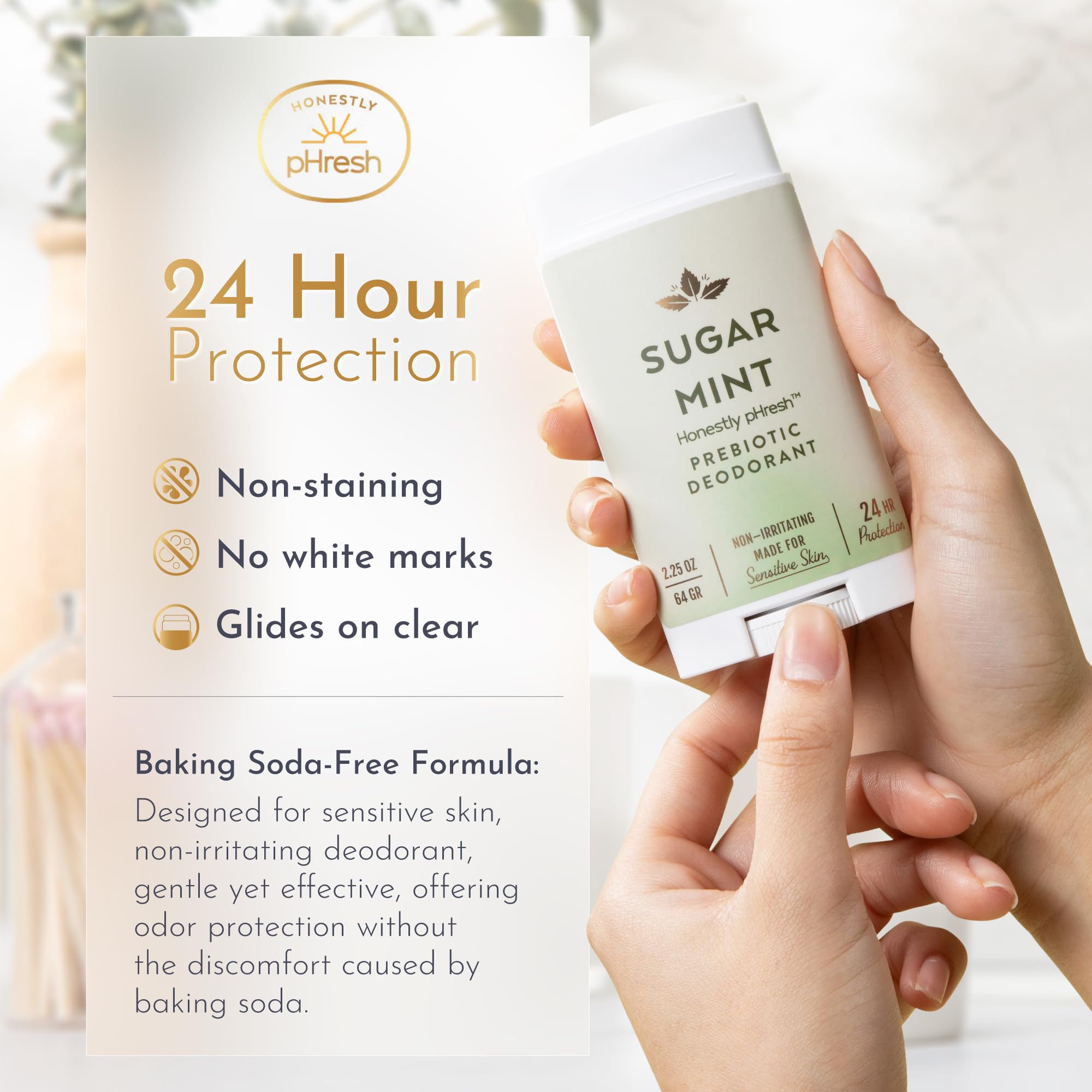 Honestly pHresh mineral prebiotic formula close-up on skin-friendly ingredients