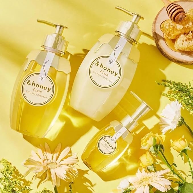 Premium packaging of Honey Pixie Moist Silky Shampoo emphasizing hydration