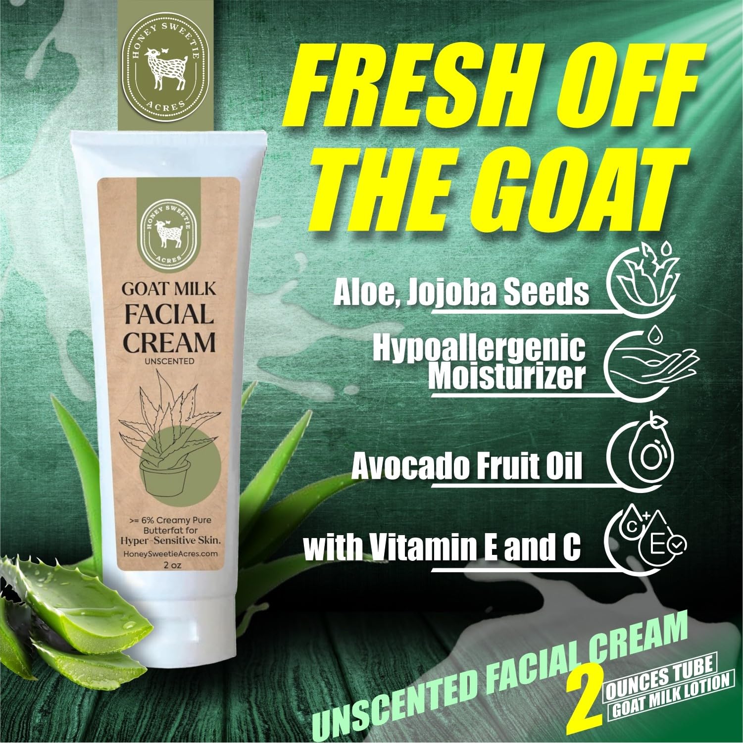 Honey Sweetie Acres aloe-jojoba-avocado oil blend image highlights lightweight moisturization.