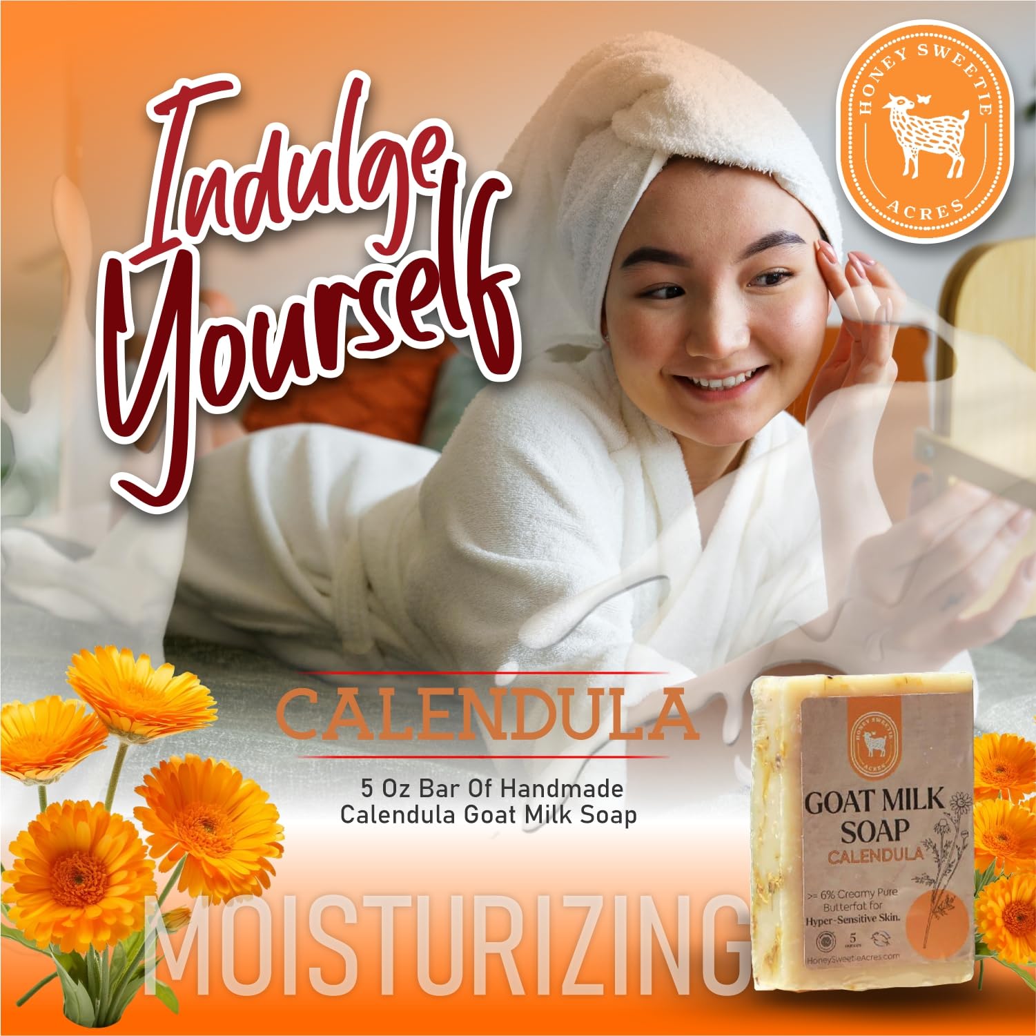 Honey Sweetie Acres Calendula Goat Milk Soap calendula flowers highlight natural ingredients and soft fragrance.