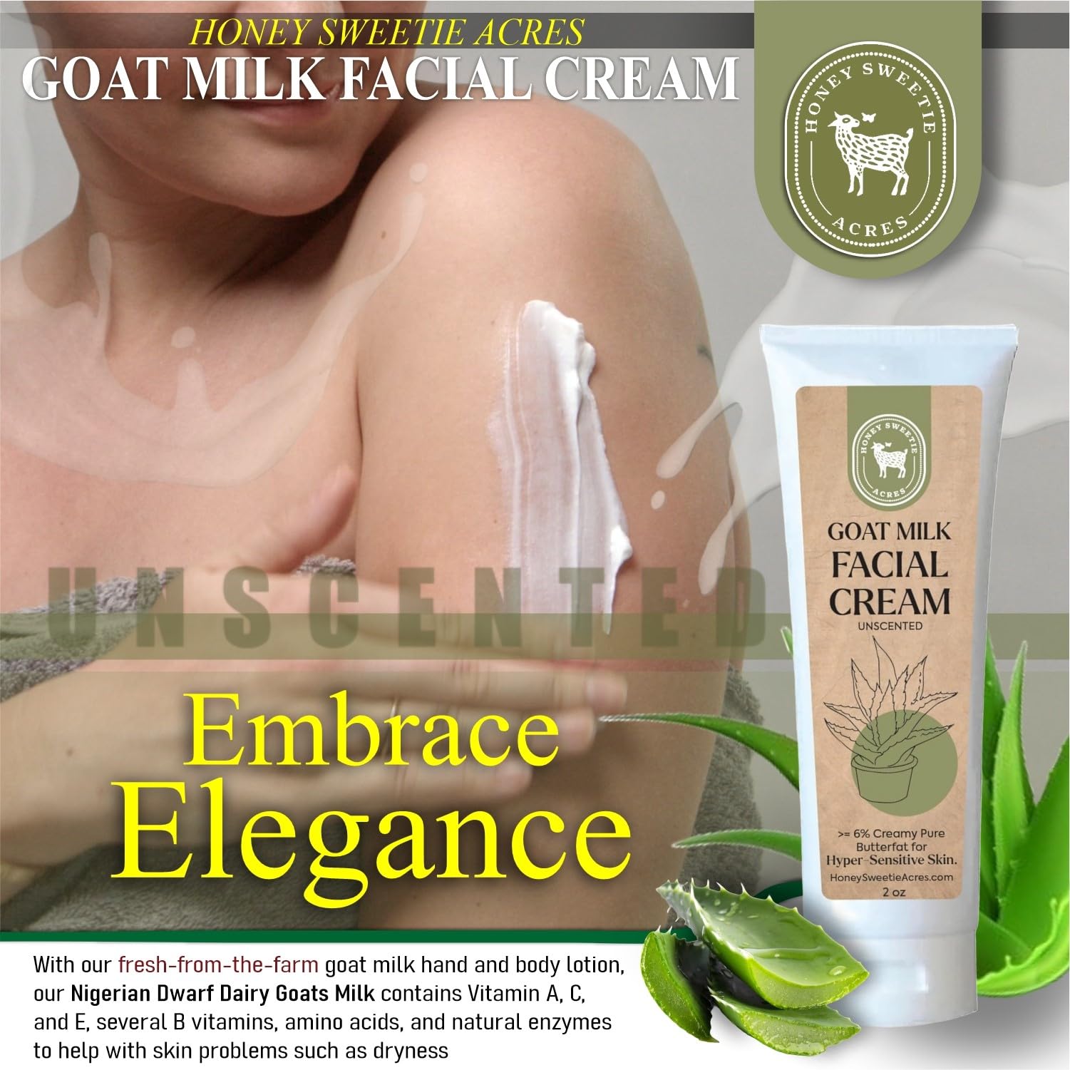 Honey Sweetie Acres fragrance-free cream shows clean, paraben-free formula for sensitive skin.