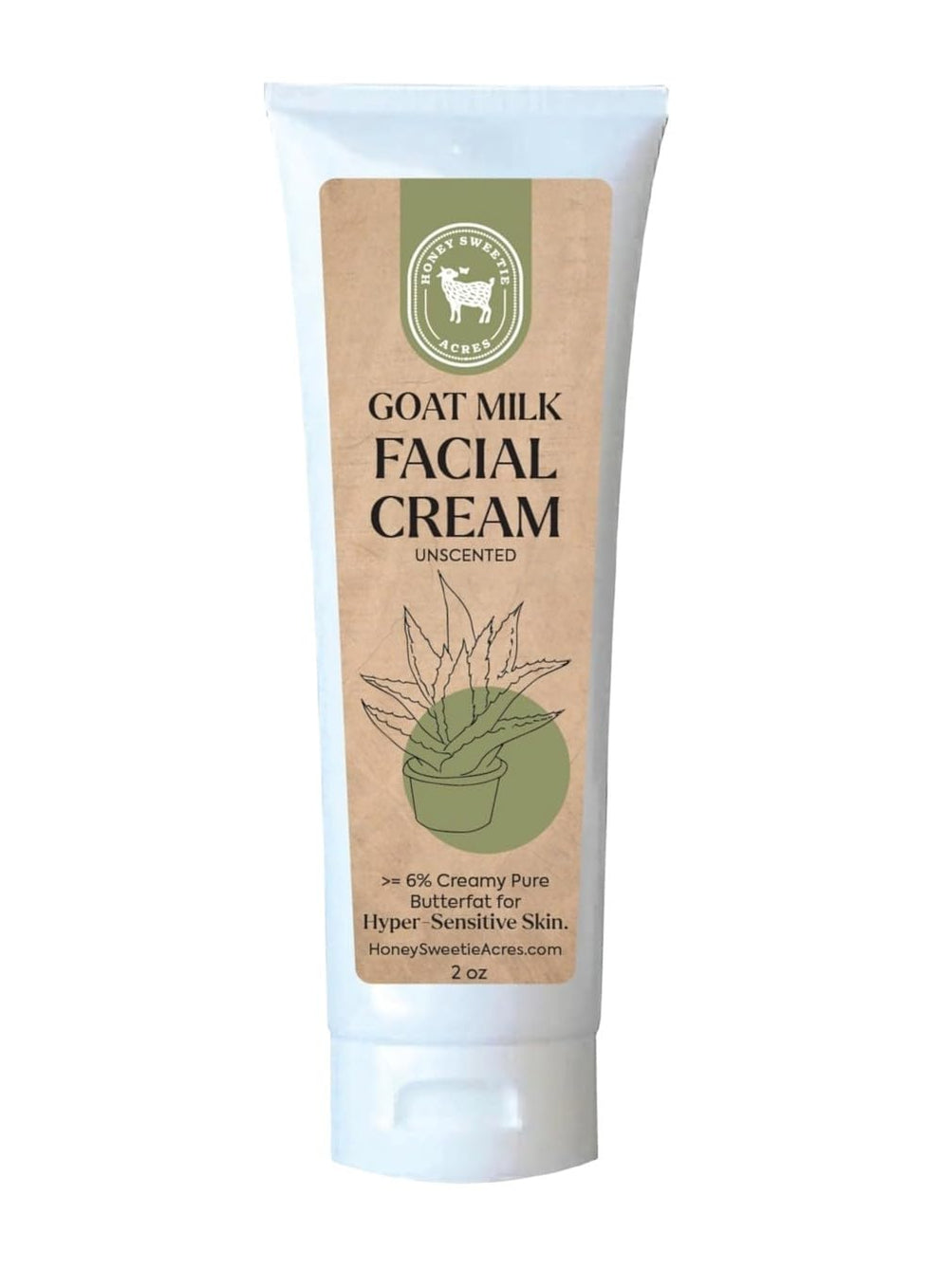 Honey Sweetie Acres goat milk facial cream tube for quick daily hydration.