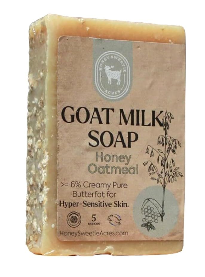 Honey Sweetie Acres Goat Milk Soap bar with creamy lather for gentle cleansing.