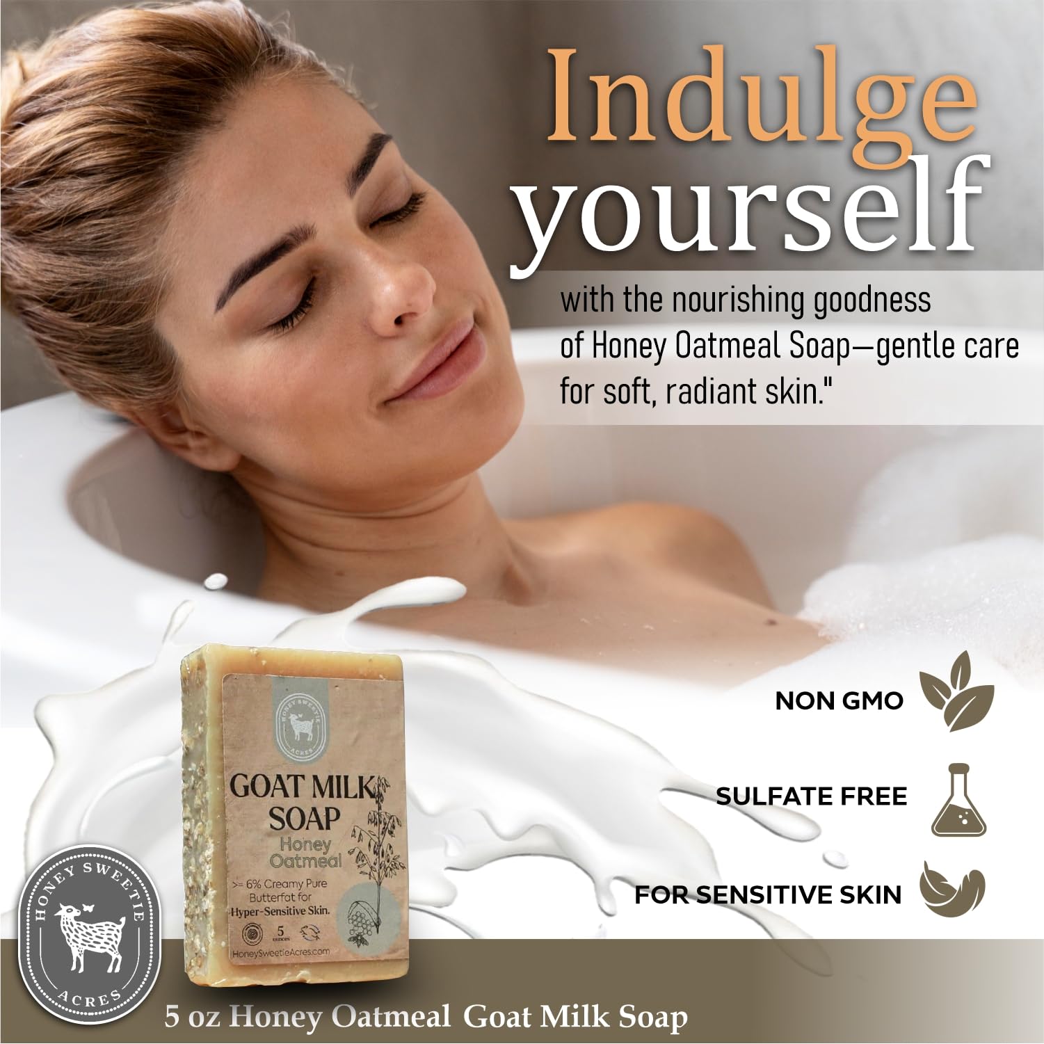 Goat milk soap in a bath scene suggesting spa-like softness.