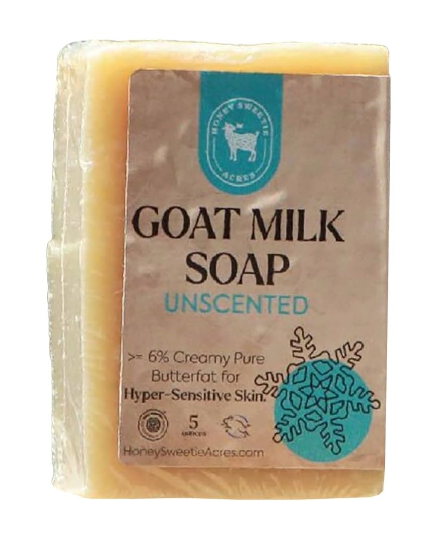 Honey Sweetie Acres unscented goat milk soap bar with creamy lather for gentle cleansing.