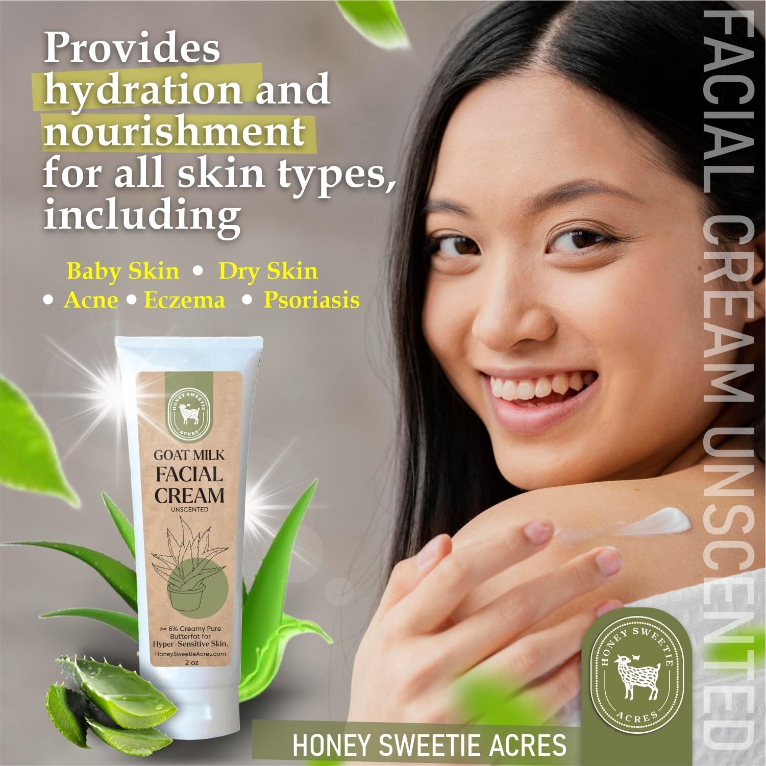 Honey Sweetie Acres vitamin E and C ingredients close-up suggests antioxidant support.