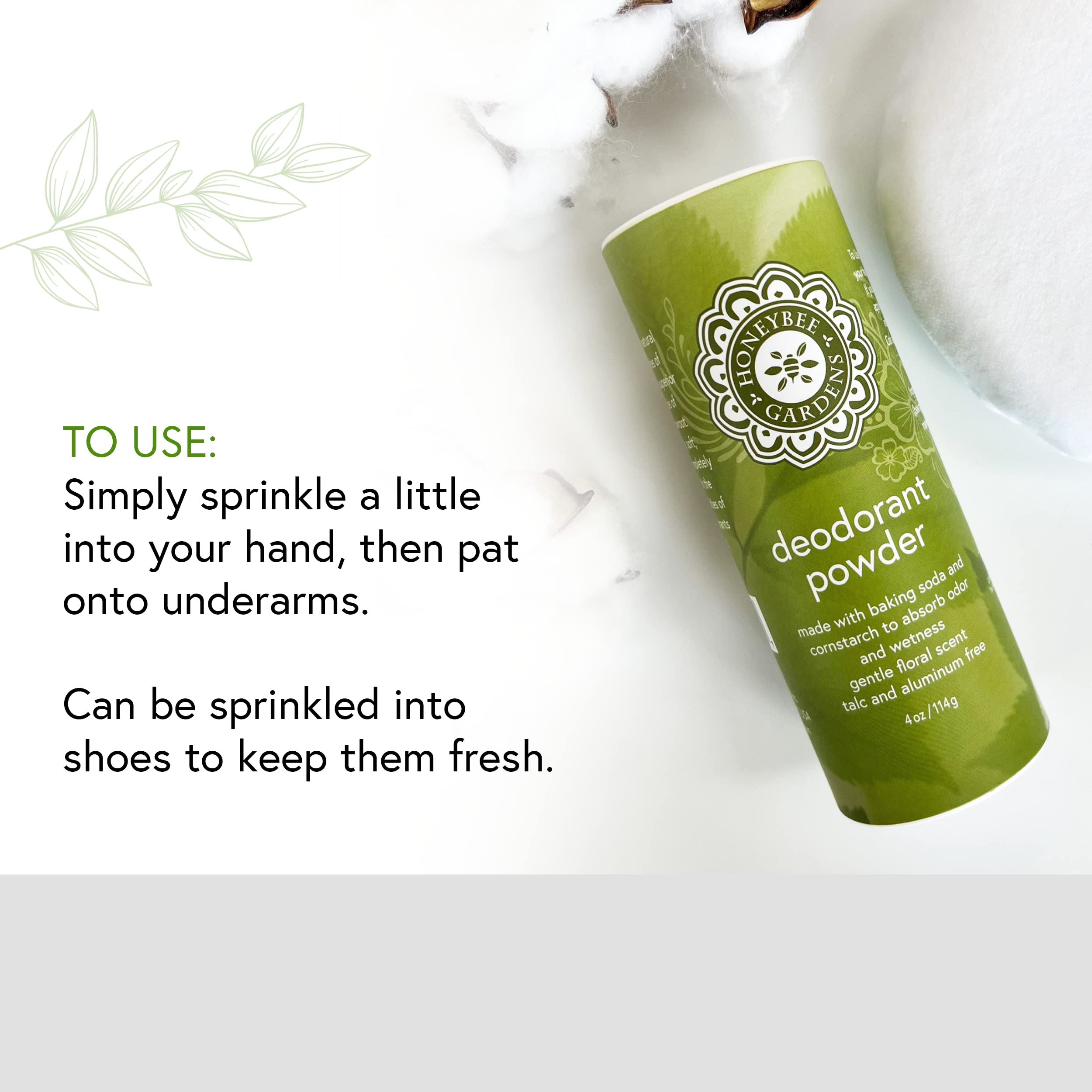 Eco-packaging of Honeybee Gardens deodorant powder highlights sustainable skincare choice.