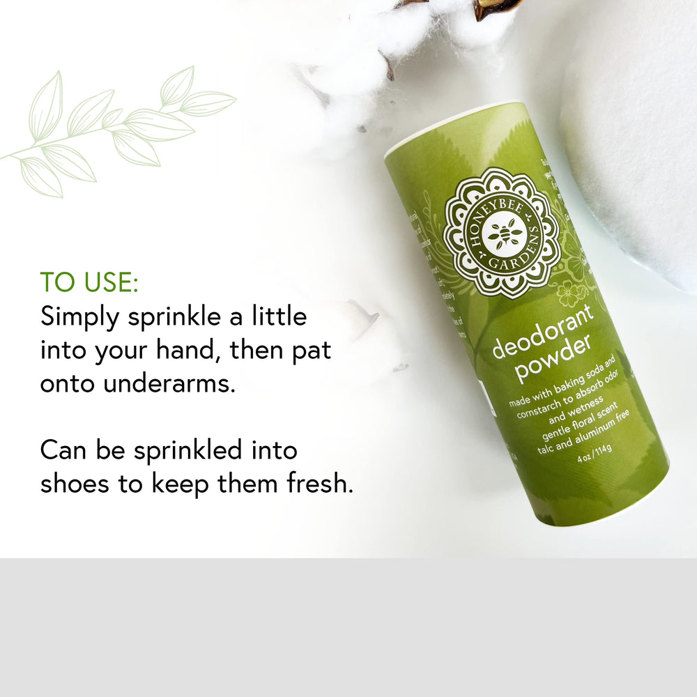 Eco-packaging of Honeybee Gardens deodorant powder highlights sustainable skincare choice.