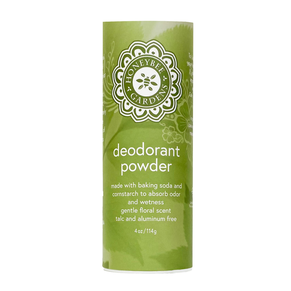 Honeybee Gardens deodorant powder packaging with eco-friendly tube and recyclable dispenser.