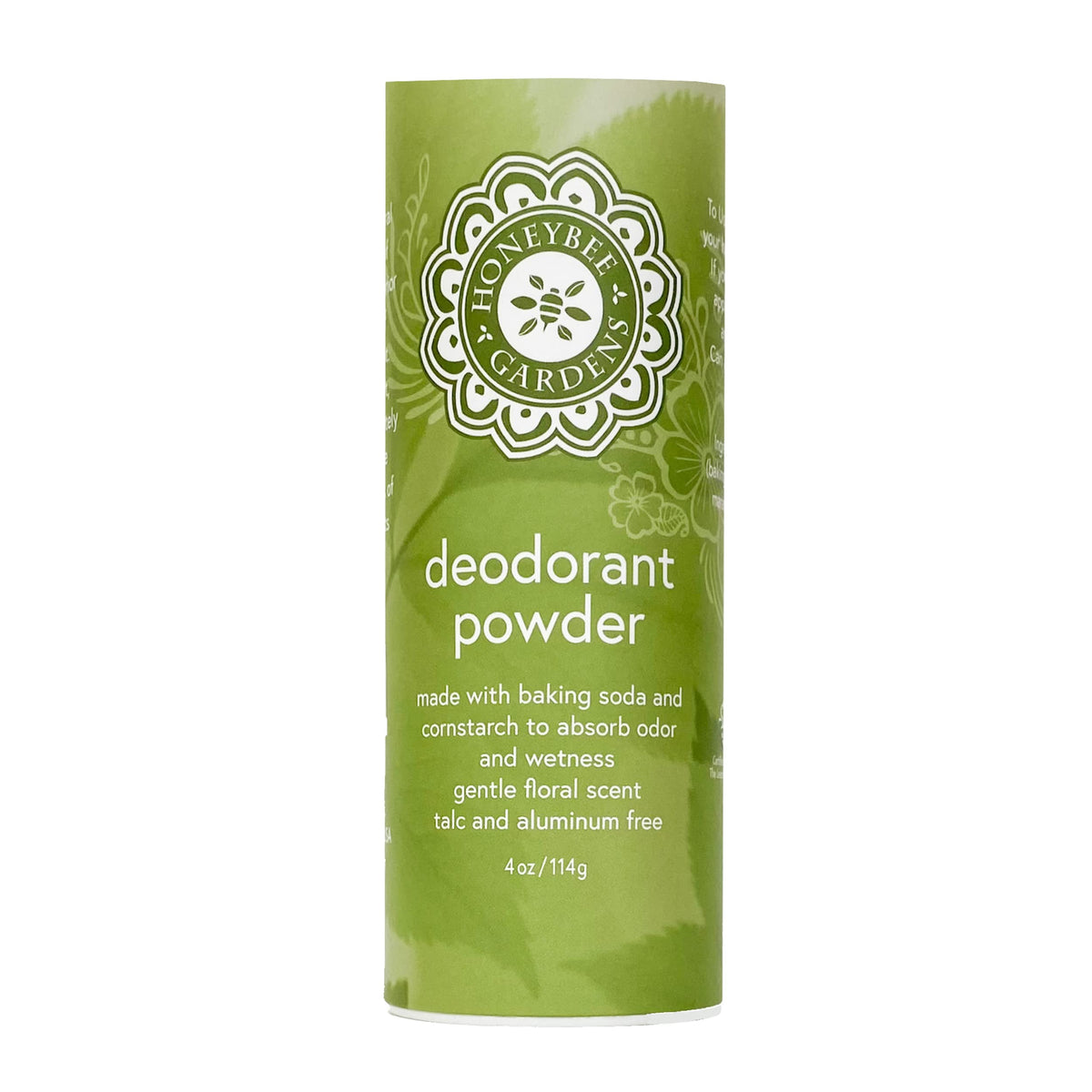 Honeybee Gardens deodorant powder packaging with eco-friendly tube and recyclable dispenser.