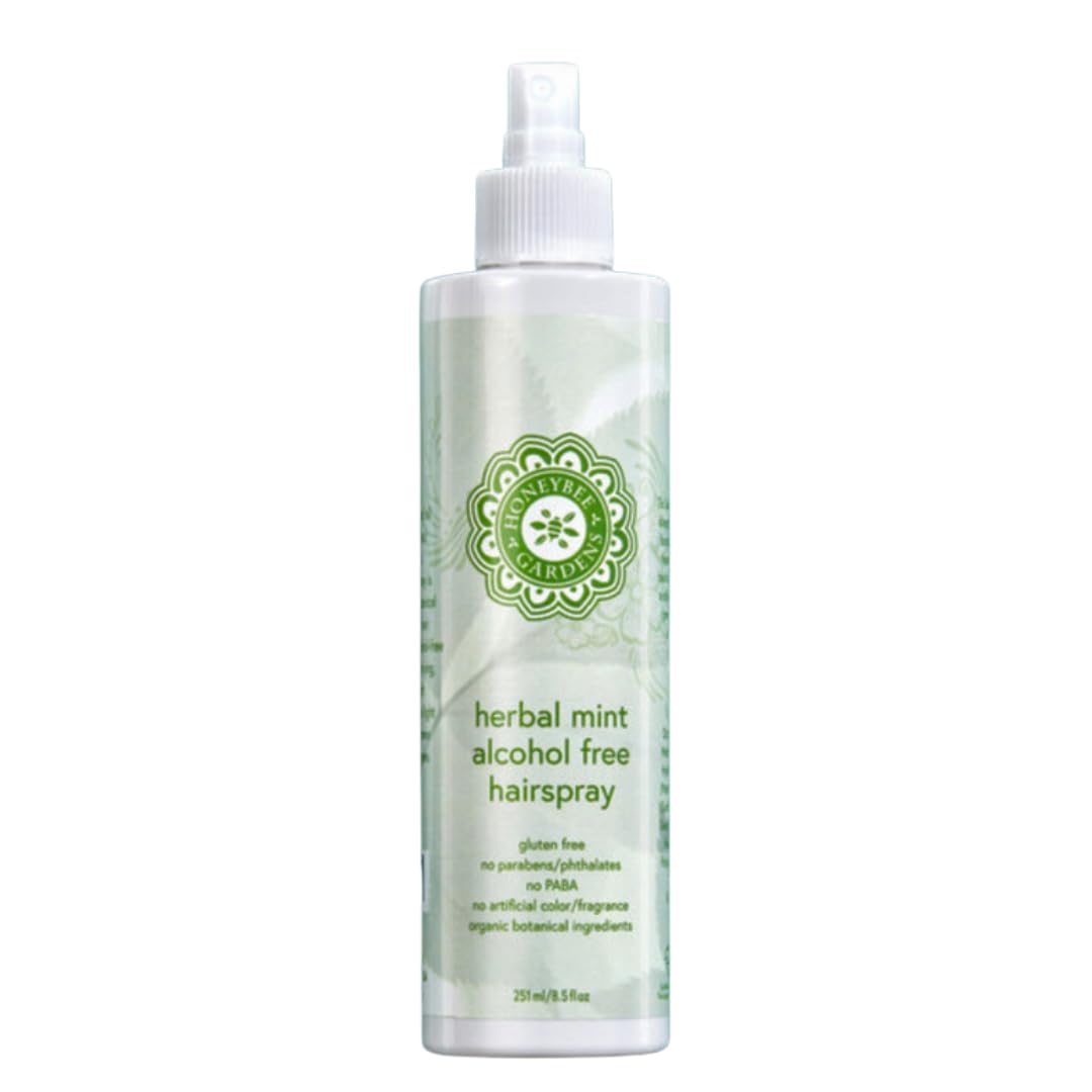 Honeybee Gardens hair spray bottle front, alcohol-free formula and minty scent.