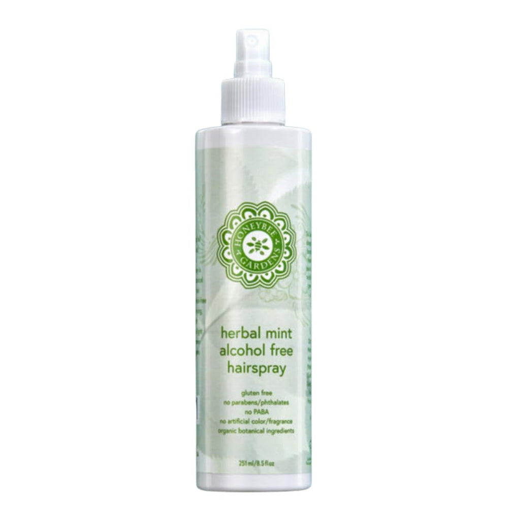 Honeybee Gardens hair spray bottle front, alcohol-free formula and minty scent.
