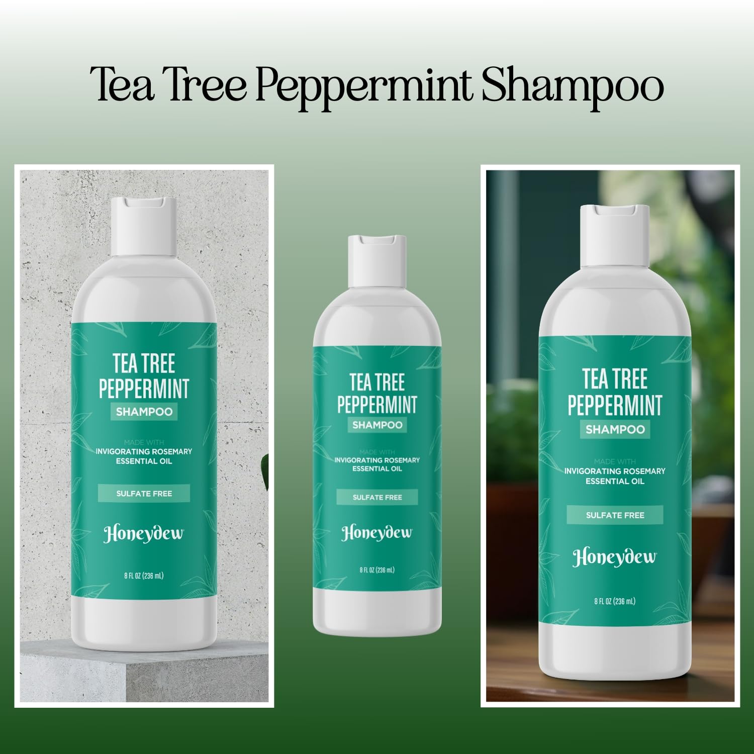 HONEYDEW Invigorating Tea Tree Mint Shampoo label highlighting natural oils for scalp balance.