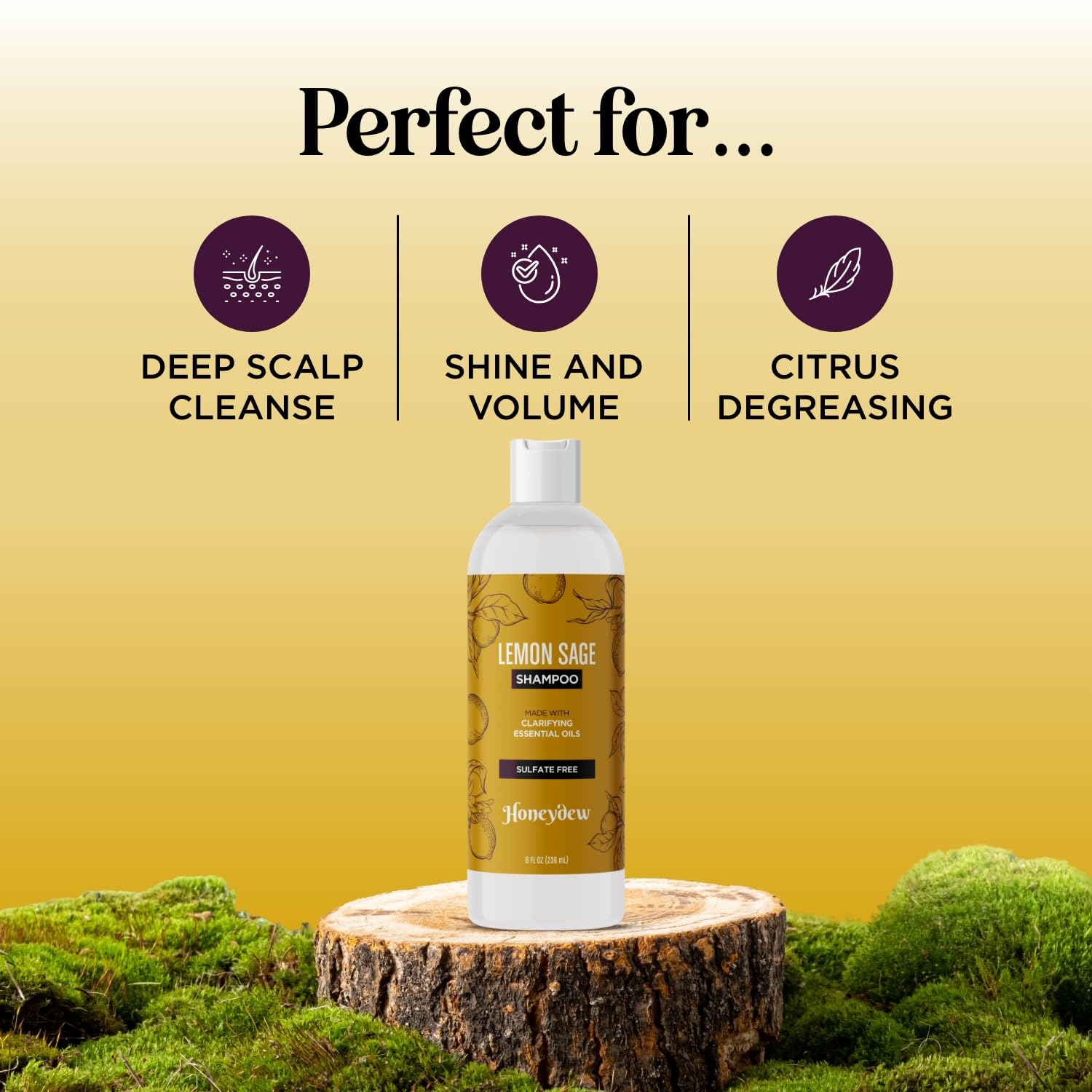 Honeydew Lemon Sage Shampoo with lemon and sage imagery.