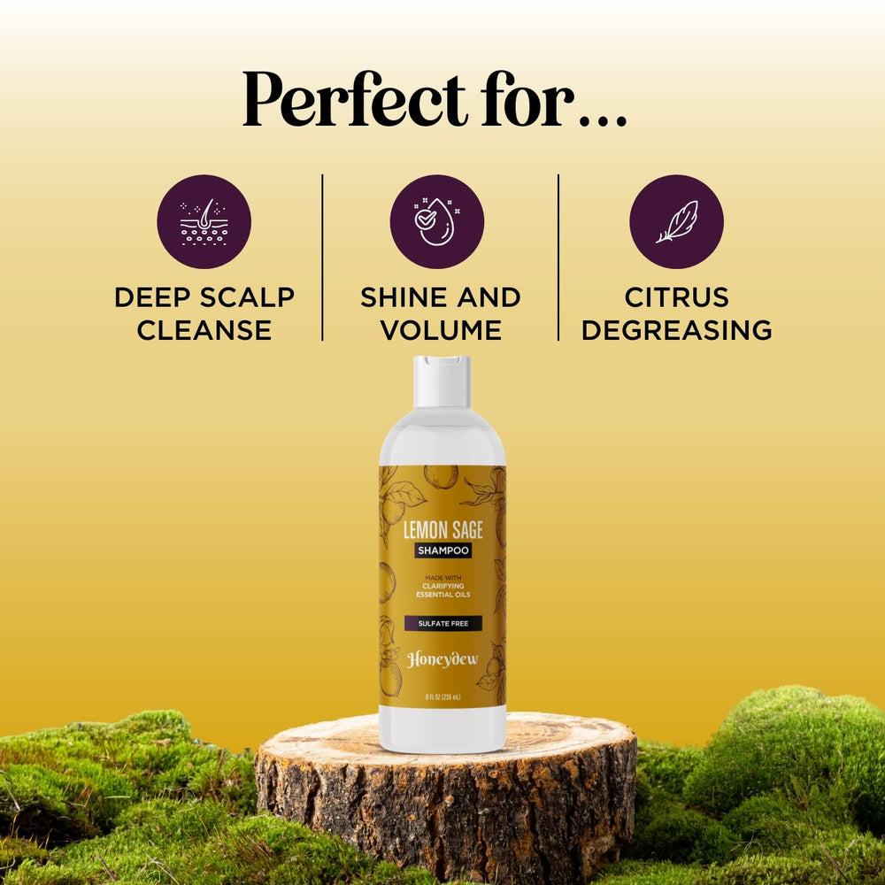 Honeydew Lemon Sage Shampoo with lemon and sage imagery.