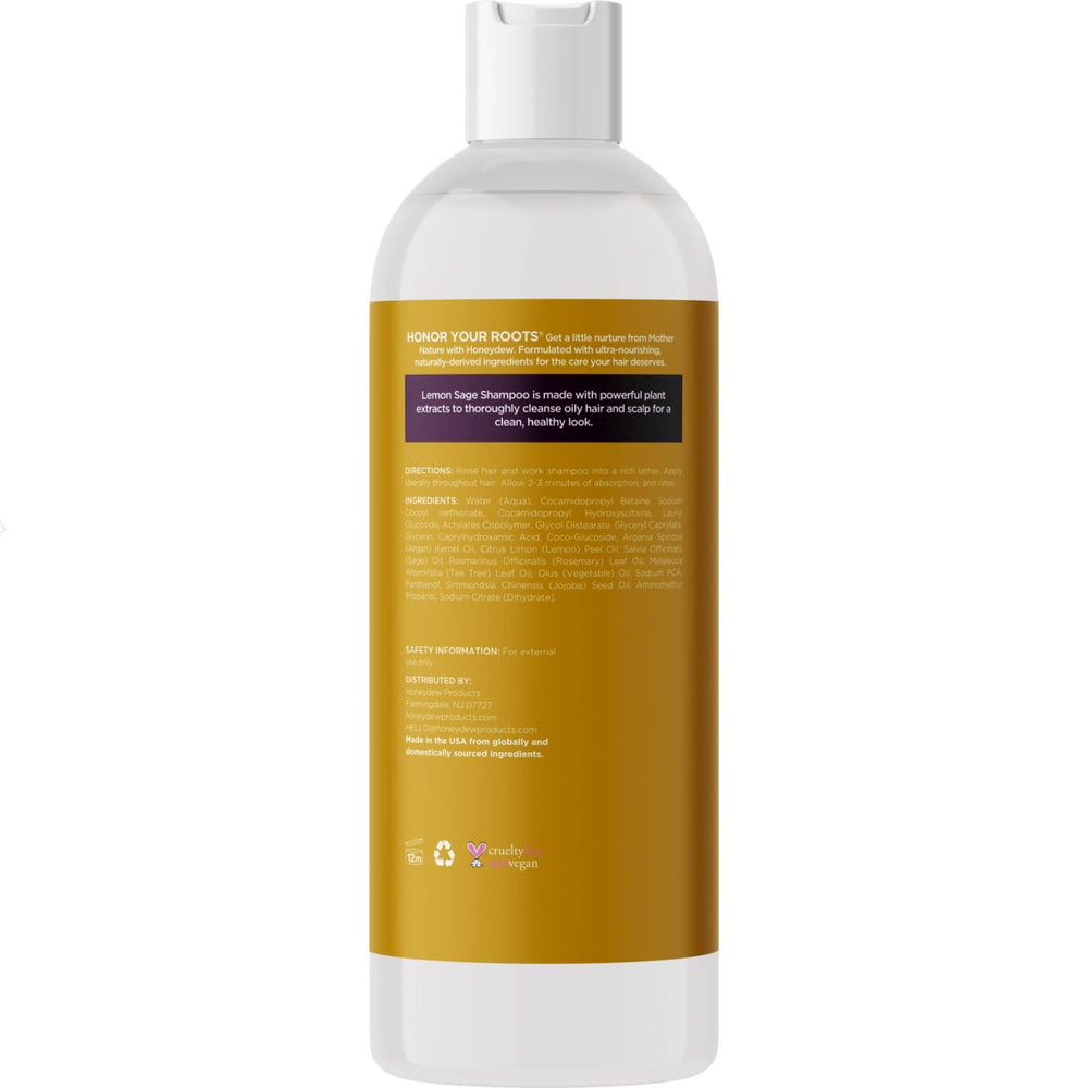 Honeydew Lemon Sage Shampoo packaging highlights natural ingredients.