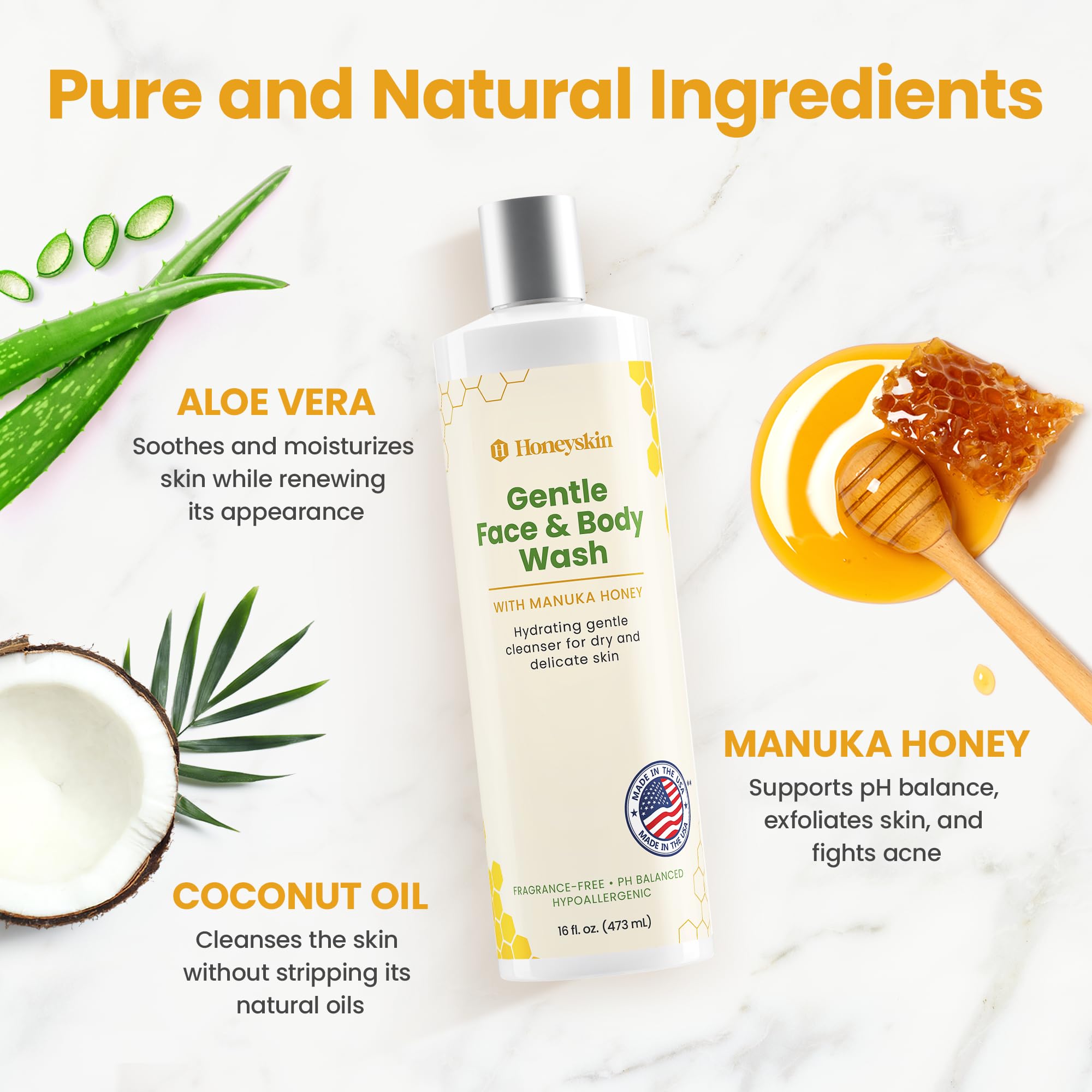 Honeyskin bottle shows aloe vera, cehami, and orange oil for nourishment.