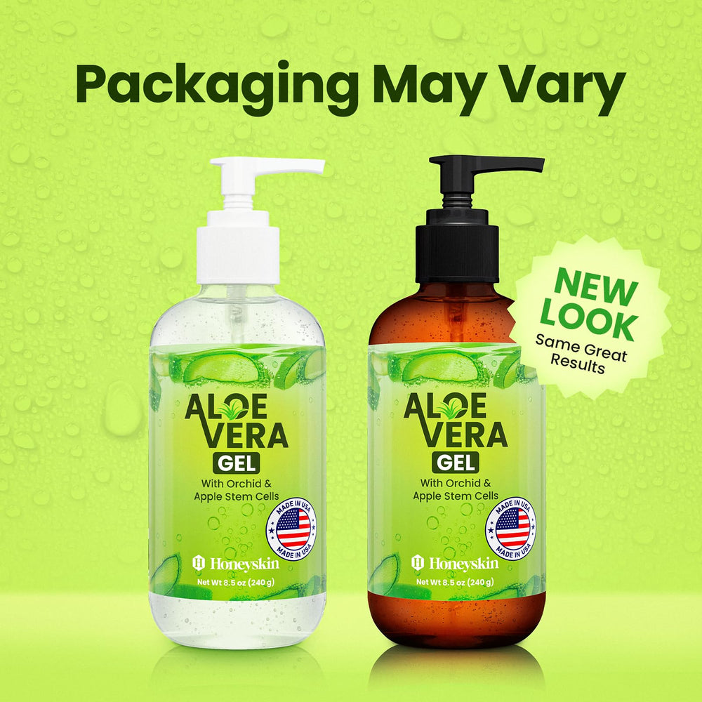 Honeyskin aloe vera gel suitable for face, body, and hair care.