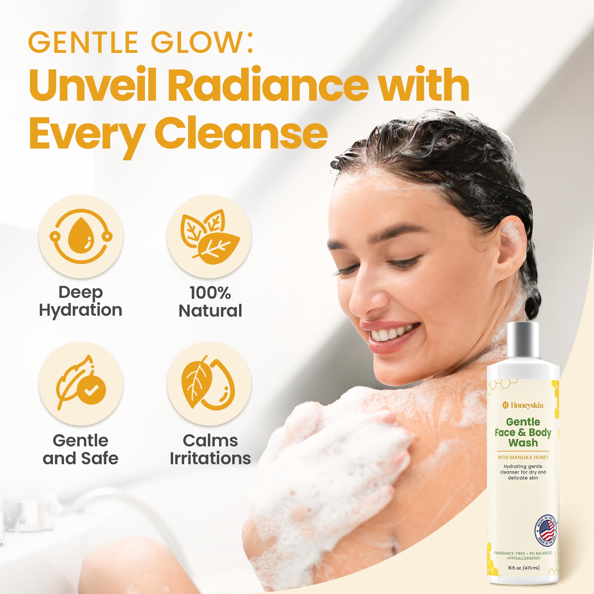 Honeyskin wash displayed in a clean bathroom scene with fragrance-free formula.