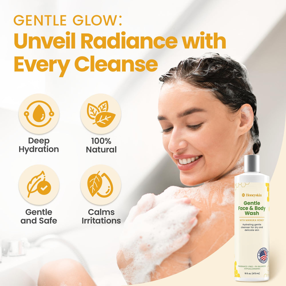 Honeyskin wash displayed in a clean bathroom scene with fragrance-free formula.