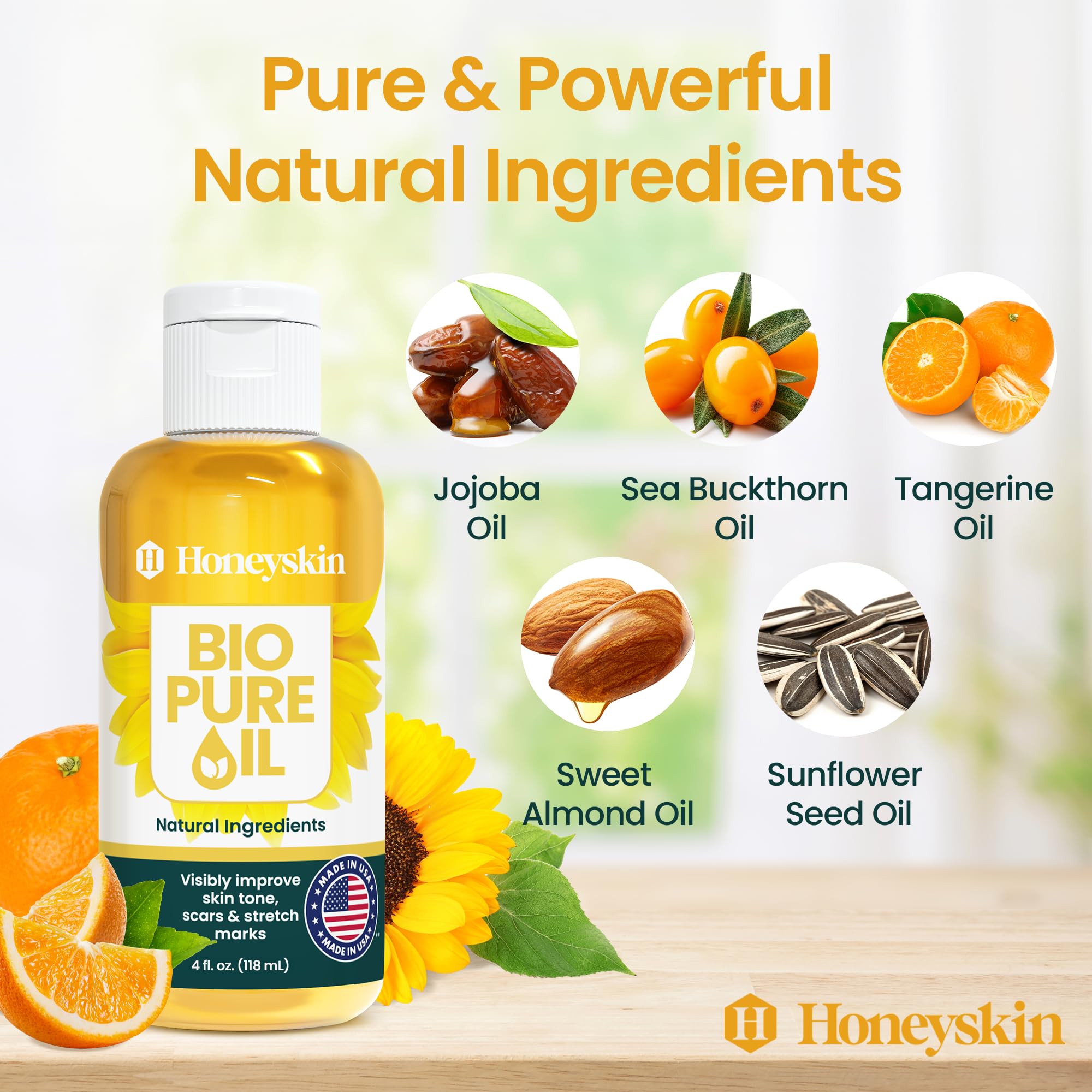 Honeyskin Bio Pure Body Oil label highlighting clean ingredients