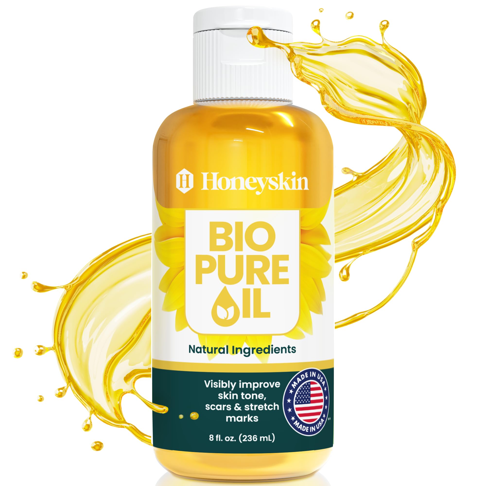 Honeyskin Bio Pure Body Oil bottle targets scars and stretch marks for smoother skin.