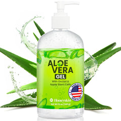 Honeyskin Organic Aloe Vera Gel with orchid and apple stem cells for balanced skin hydration.