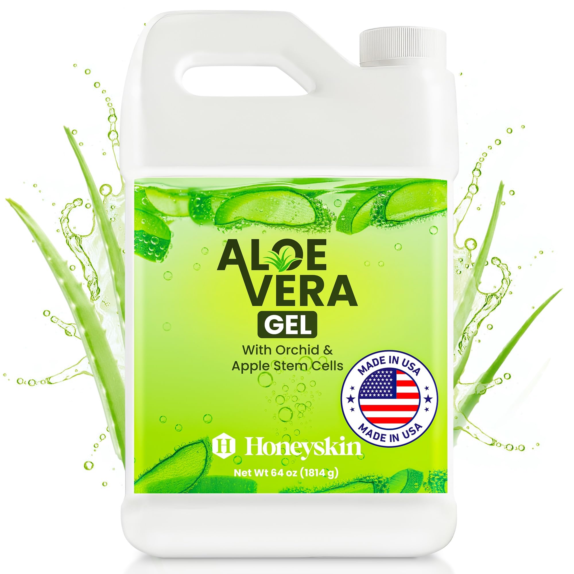 Honeyskin Organic Aloe Vera Gel bottle showing sunburn relief and cooling action.
