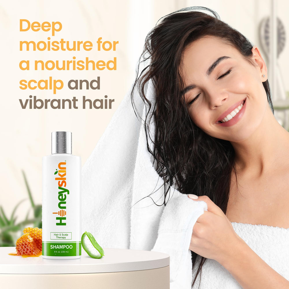 Applying Honeyskin shampoo during routine shows hydrating cleanse in the shower