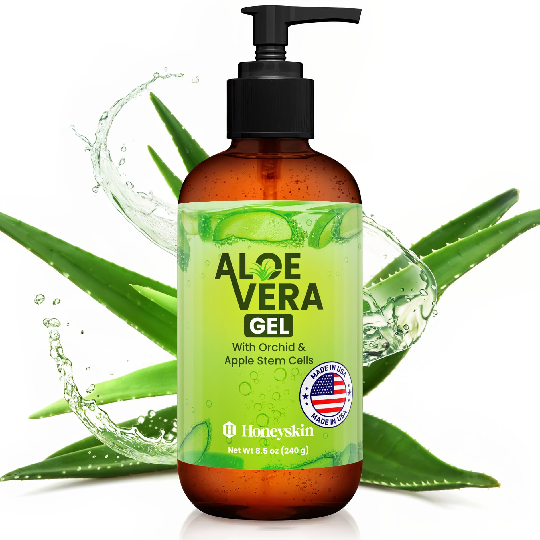 Honeyskin soothing aloe vera gel bottle refreshes sun-exposed skin.