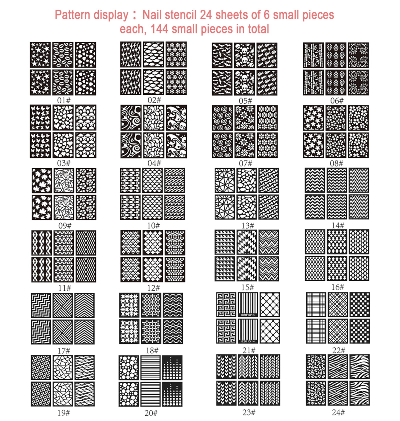 Close-up of stencil sheet showing hearts and florals for precise nail art.
