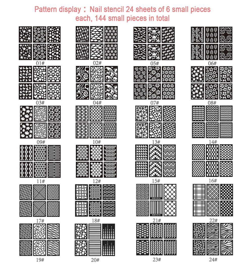 Close-up of stencil sheet showing hearts and florals for precise nail art.