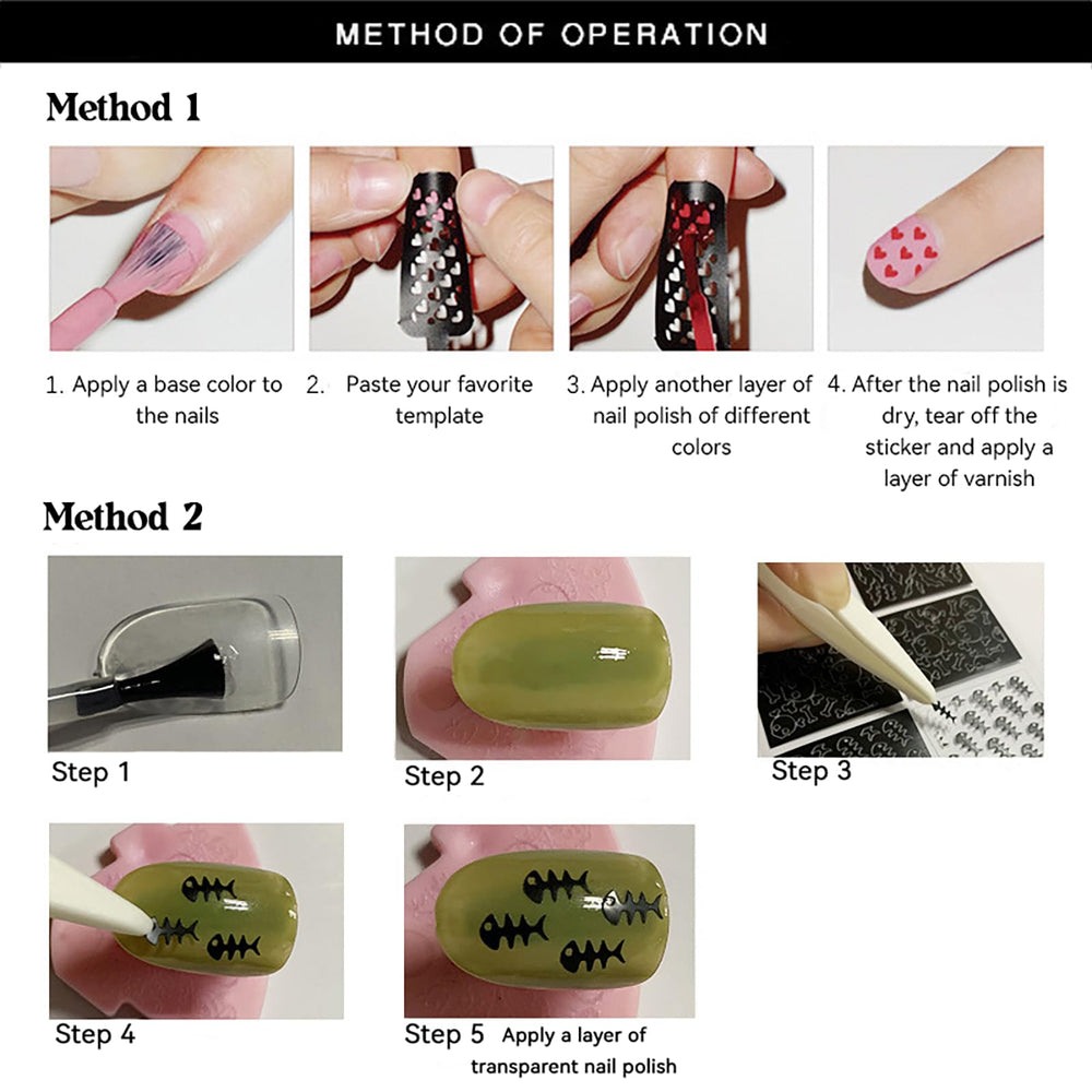 Stencils stay in place and can be reused after gentle cleaning.