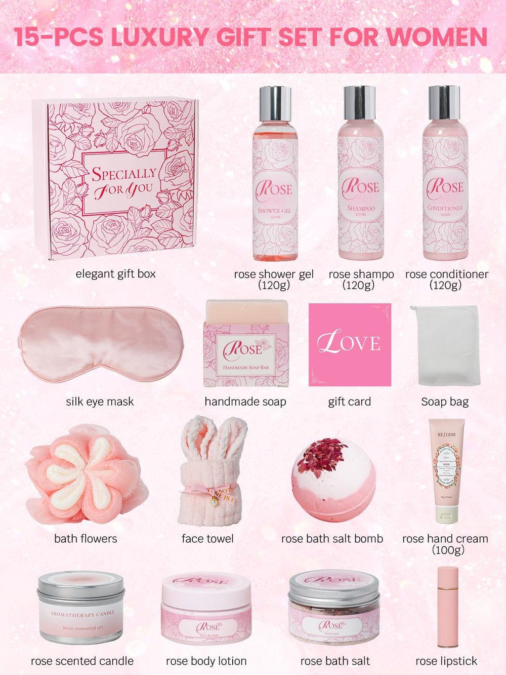 honiitaa Rose Shower Gel bottle highlighted for daily pampering