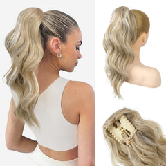 HOOJIH clip-in ponytail 18in light golden blonde with white blonde adds natural volume.