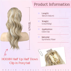 HOOJIH clip-in ponytail attachment close-up shows secure claw clip design.