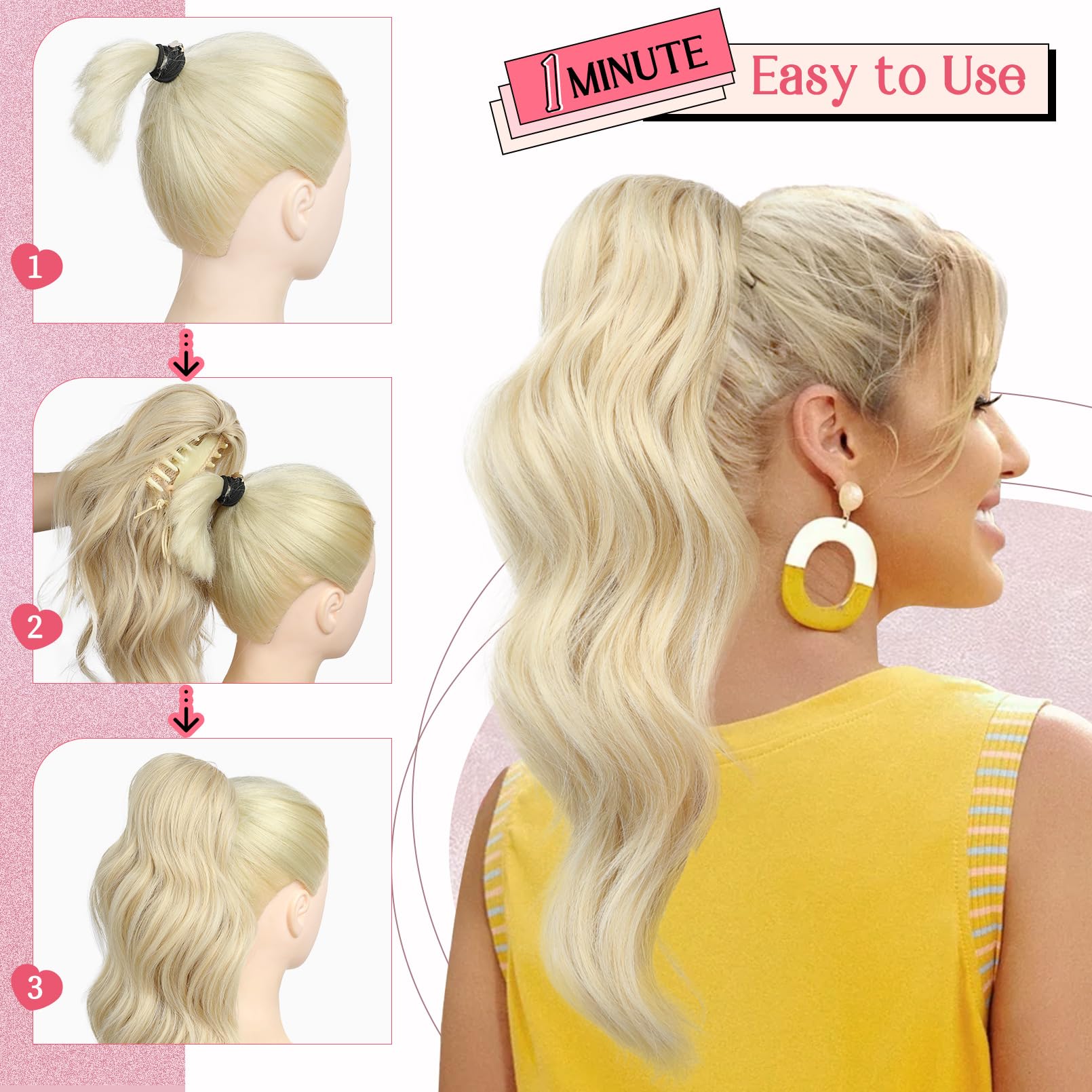 HOOJIH model wearing clip-in ponytail demonstrates easy styling.