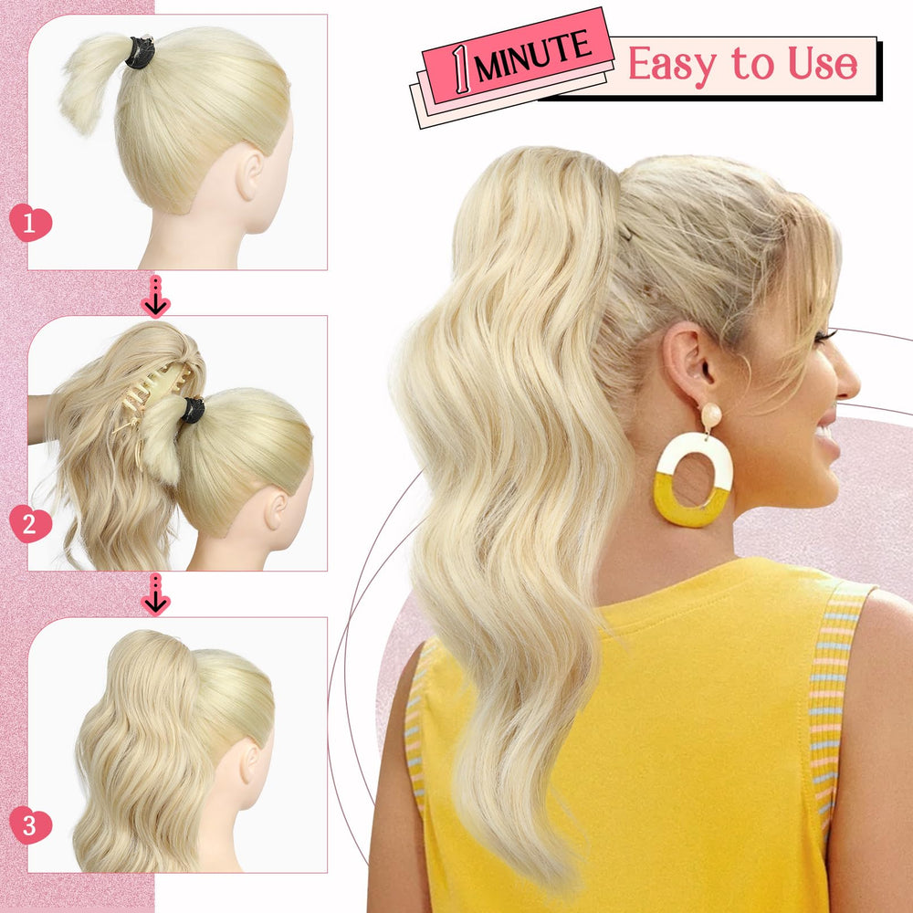 HOOJIH model wearing clip-in ponytail demonstrates easy styling.