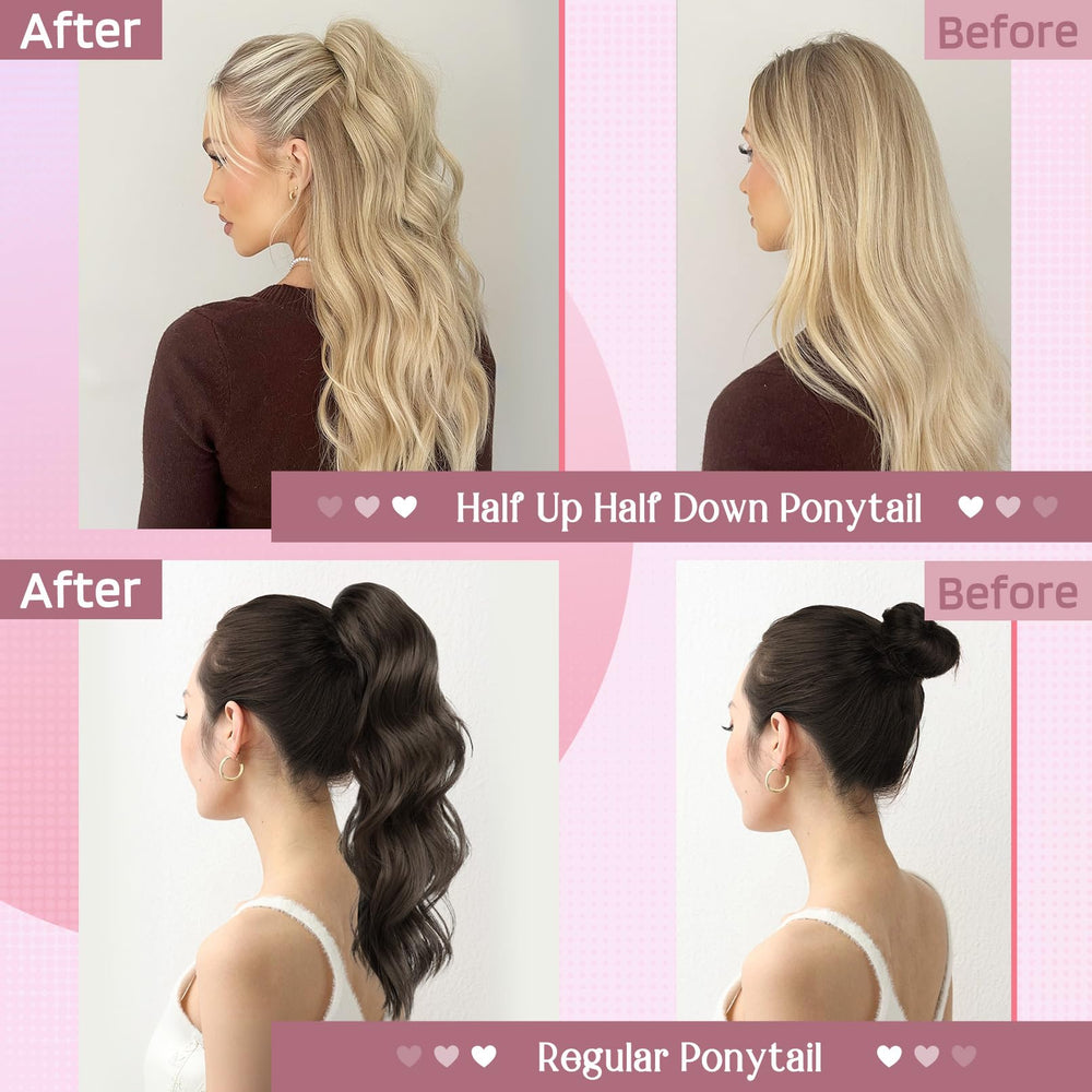 HOOJIH clip-in ponytail wavy texture close-up highlights realistic movement.