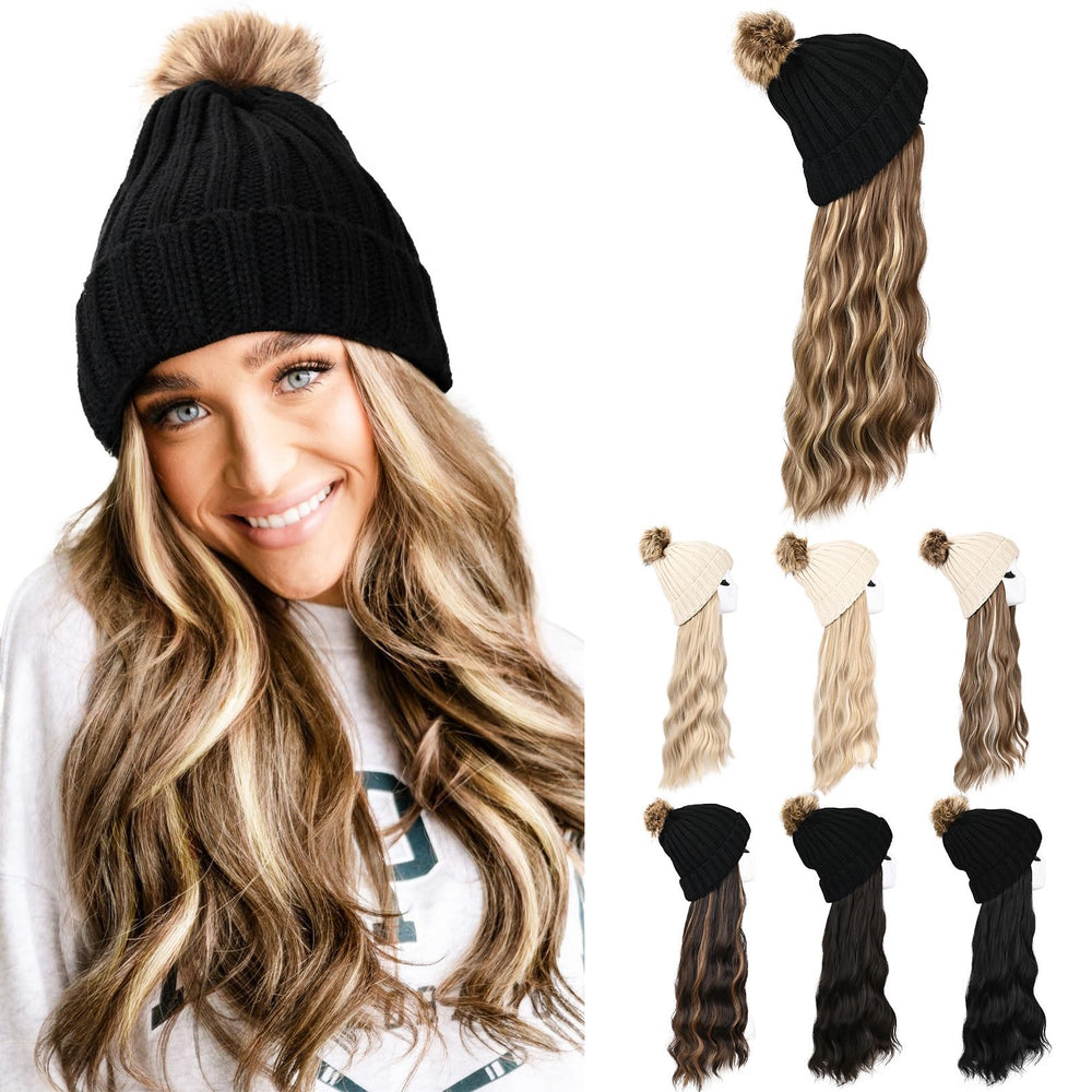 HOOJIH knitted beanie wig with 18-inch hair extension adds instant winter volume