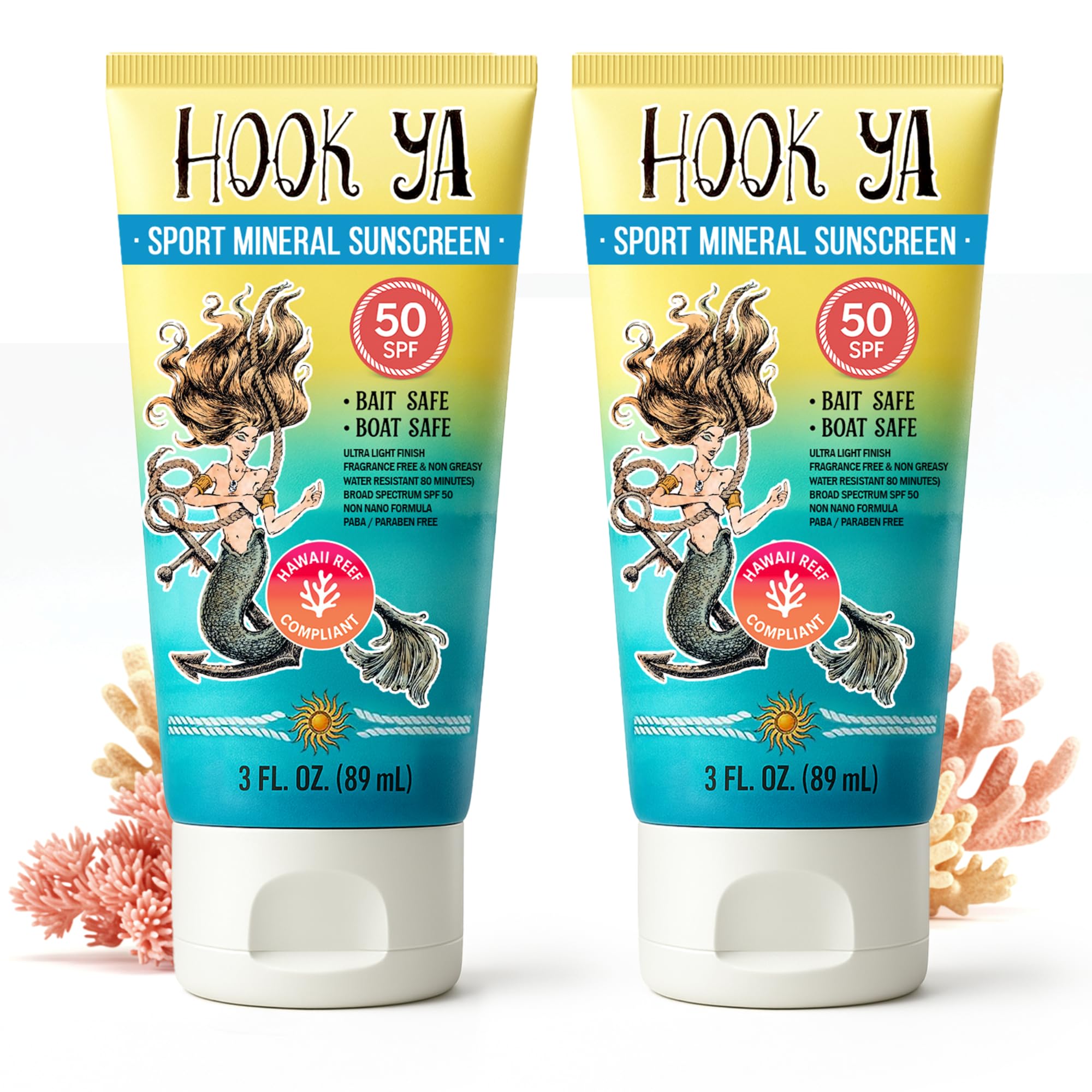 Hook'Ya Hawaii reef sunscreen bottle showing mineral protection and lightweight finish.