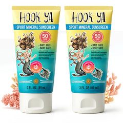 Hook'Ya Hawaii reef sunscreen bottle showing mineral protection and lightweight finish.