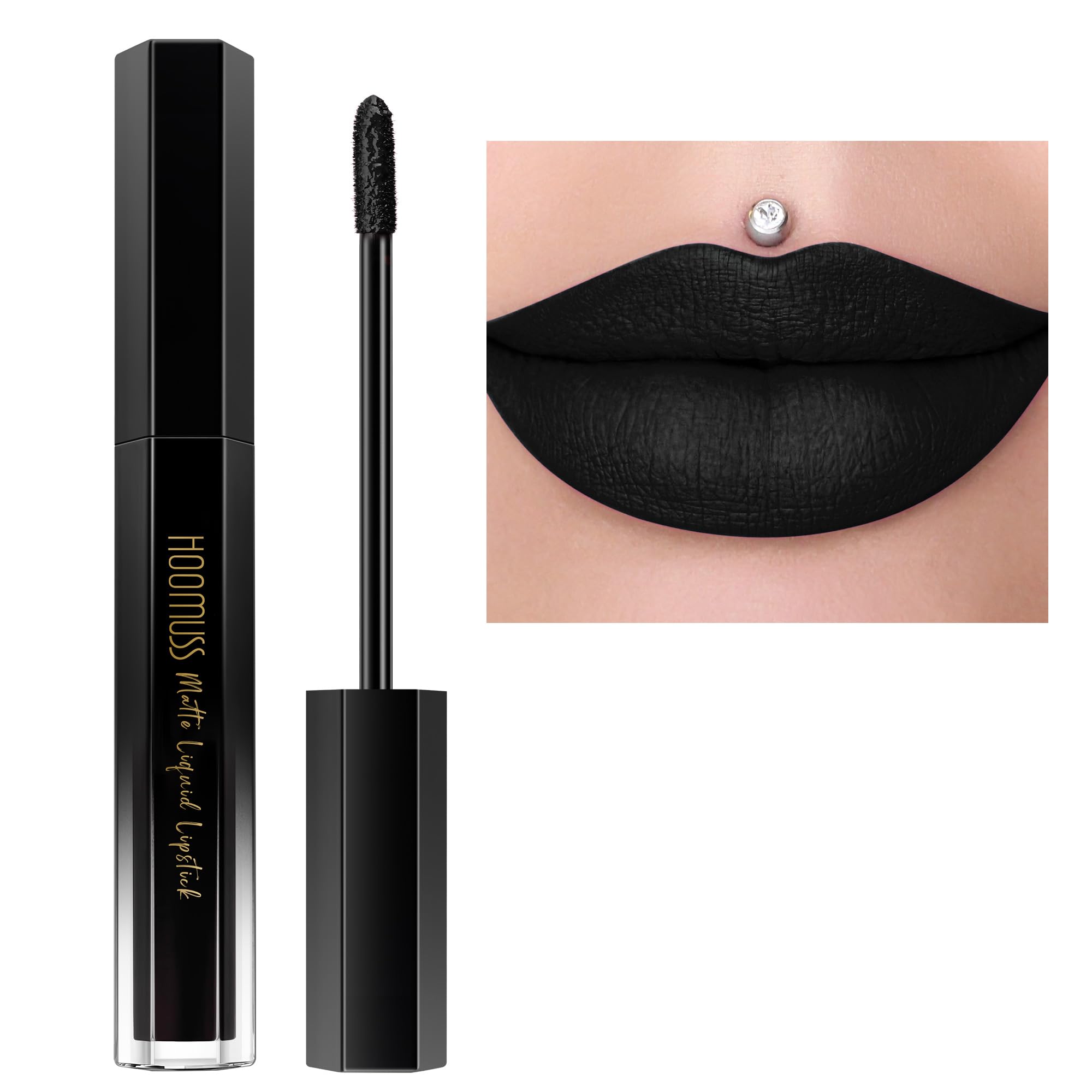 HOOMUSS Black Lipstick M14 Black Swan packaging closeup showing premium matte finish.